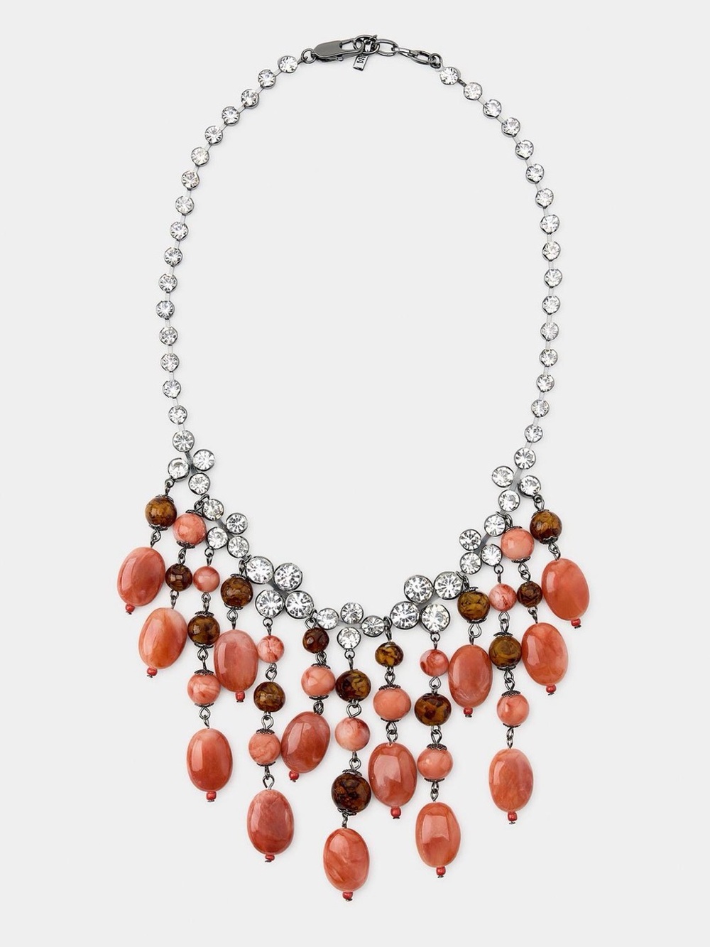 Zara Coral and Brown Beaded Fringe Necklace with Crystal Chain